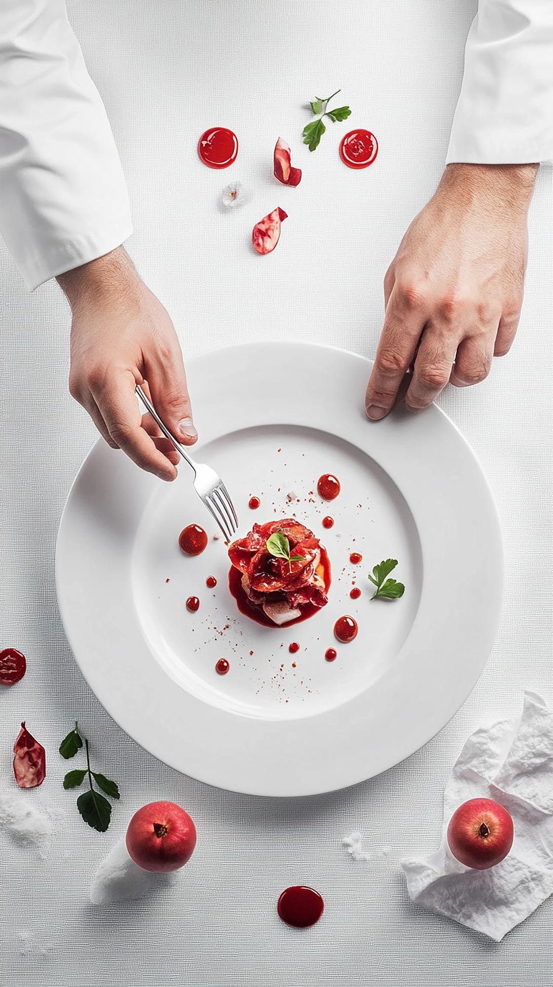 Chef demonstrating plated dish in an elegant kitchen